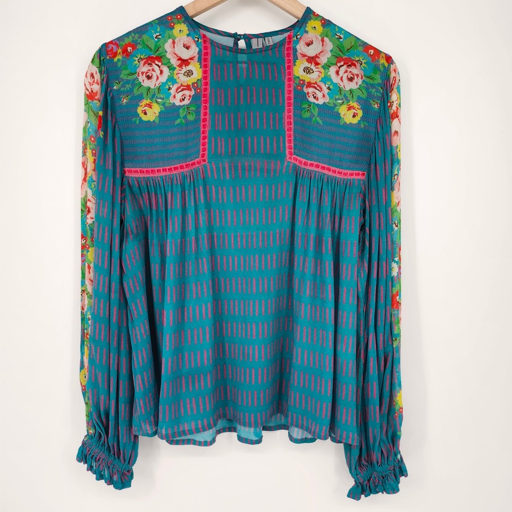 Blank London Teal Pink Boho Cottage Floral Top Women XS Whimsical Eclectic Artsy - Picture 2 of 11